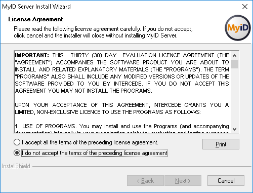 Installation license agreement screen
